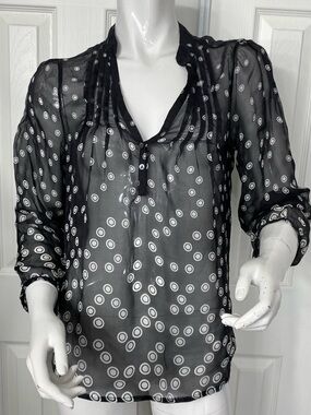 💯Silk Inspire Black Sheer Circle-Print V-Neck Blouse